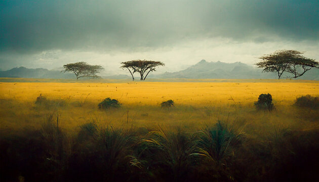 Tanzania vastland mountain field trees cloudy sky