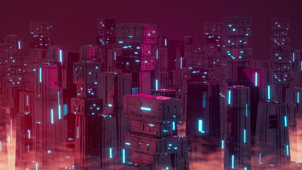 Futuristic sci-fi virtual city neon lighting and fog at night. Cyberpunk concept. technology background