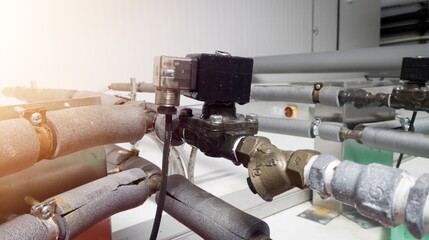 Electric coil Solenoid valve  to control water cold  line in pipe water pressure. - obrazy, fototapety, plakaty