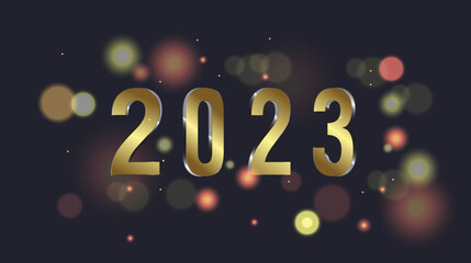 Happy new year 2023 with bokeh light effect on dark background. 3Ds Numbers 2023 in golden color used in banners, poster, print ads design.