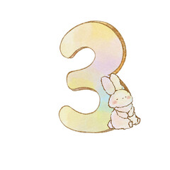 イラスト素材:数字の3とうさぎ(手描き水彩風)