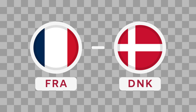 France vs Denmark Match Design Element. Flags Icons isolated on transparent background. Football Championship Competition Infographics. Announcement, Game Score, Scoreboard Template. Vector
