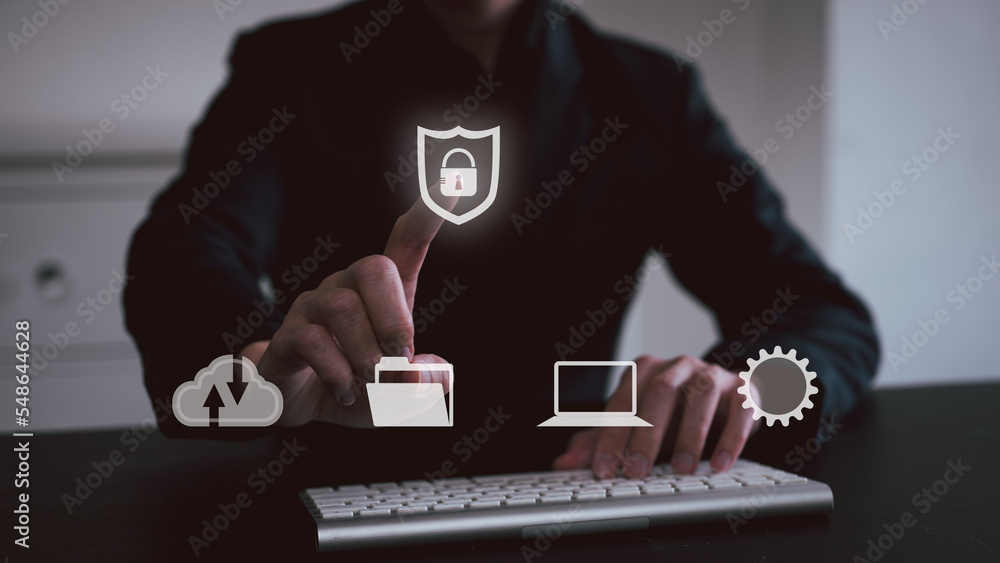 Aufkleber businessman scan fingerprint biometric identity and approval. concept of the future of security and 