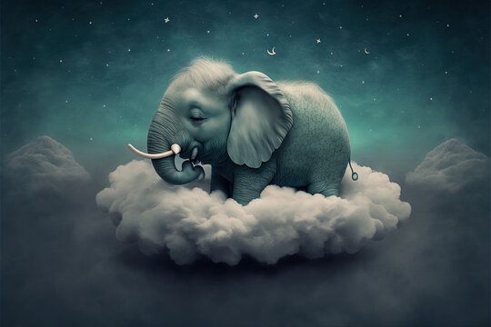 Sweet Dreams Illustration With Cute Little Elephant On The Clouds.