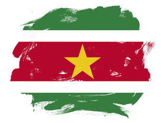 Suriname flag on abstract painted white stroke brush background