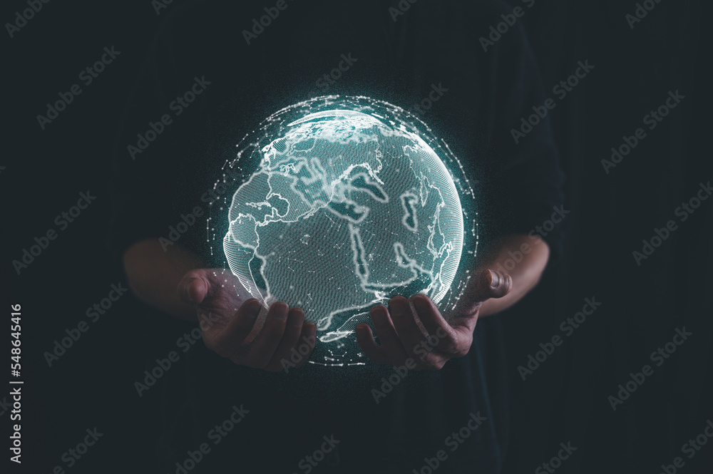 Poster businessman holding global network connection. big data analytics and business intelligence concept.