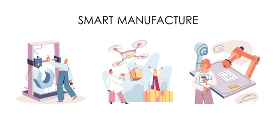 Smart manufacture, automation development metaphor. Innovative smart industry product design, manufacturing process, automated production line, delivery and distribution robots machinery industry 4.0