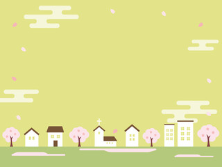 桜が咲く春の街並みの背景イラスト素材　昼間