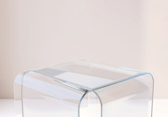 Modern, minimal and luxury abstract geometric design of transparent acrylic glass table in sunlight...