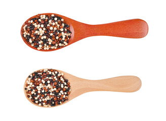 Quinoa seeds in wooden spoon on transparent png top view.