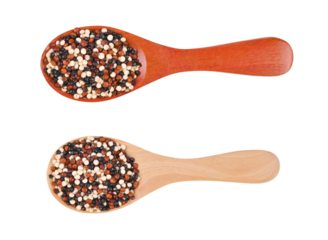 Quinoa seeds in wooden spoon on transparent png top view.
