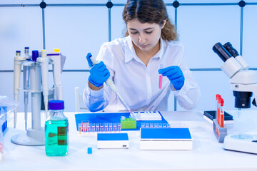 young adult female scientist filling 96 well plates with multi pipette