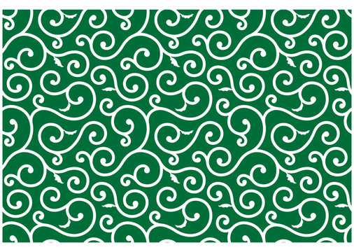 日本の伝統的な図案　緑地に白い渦巻きの唐草模様　シームレスパターン