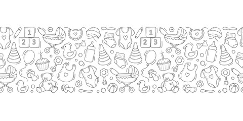 border frame with elemets for newborns hand-drawn in doodle style