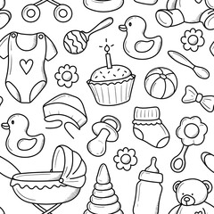 children's pattern with items for newborns hand-drawn in doodle style