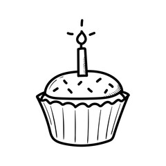 cupcake cake with candle. birthday 1 year. hand-drawn illustration in doodle style