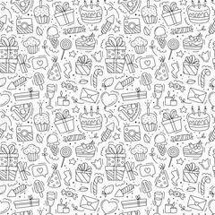 Happy birthday pattern. Hand drawn vector illustration isolated on white background.