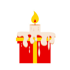 a red gift box with a yellow ribbon and a candle on top
