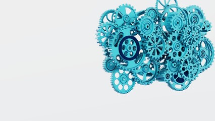 Mechanism blue metallic gears and cogs at work under white spot lighting background. Industrial machinery. 3D illustration. 3D high quality rendering. 3D CG.
