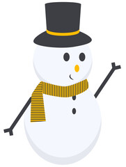 the snowman wears a black hat and a yellow scarf
