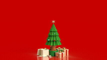 Naklejka na ściany i meble The Christmas tree and gift box on red background for holiday concept 3d rendering