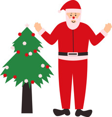 Santa Claus standing next to the Christmas tree wearing his Santa Claus costume, complete with a red hat and shoes

