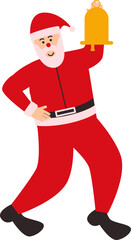 Santa Claus wearing his Santa Claus costume, equipped with a hat and shoes, is carrying a yellow bell
