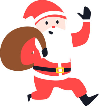 Santa Claus wears his Santa Claus costume, complete with a hat and red shoes, carrying a brown bag containing several gifts
