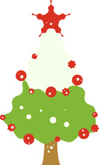 A Christmas tree decorated with red Christmas balls and stars and topped with snow

