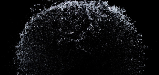 Obraz premium Shape form droplet of Water splashes into drop water attack fluttering in air and stop motion freeze shot. Splash Water for texture graphic resource elements, black background isolated