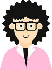 the man has black curly hair, wears glasses and wears a pink shirt
