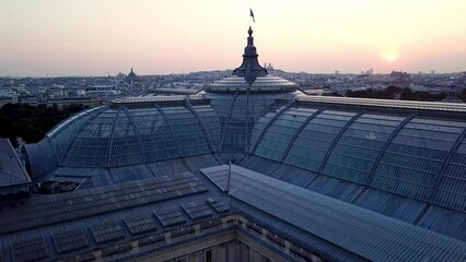 Cinematic drone shot of Grand palais, Paris surrounded by trees with close views of glass roof top. Travel Paris at sunrise