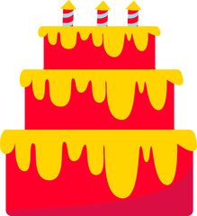 a red and yellow birthday cake with a tall shape with three candles on it
