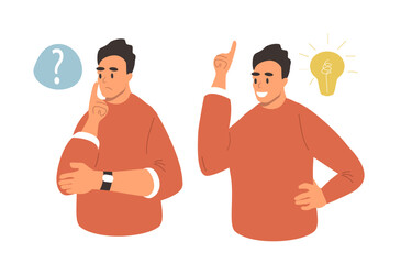 vector illustration in flat style. a male character thinking and a male character having an idea