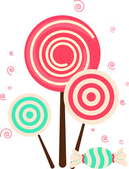 there are three lollipops with 2 colors pink and one green and one green candy
