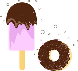there are two foods there is purple ice cream with chocolate topping and there is a donut with chocolate topping with a hole in the middle
