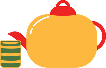 a red and yellow teapot complete with glass to complete the Lunar New Year meal
