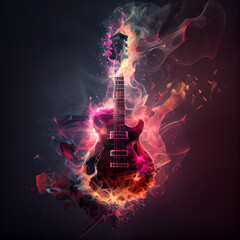 Double exposure of a guitar exploding with a lightning storm - obrazy, fototapety, plakaty