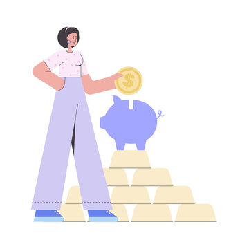 Character with a coin next to a piggy bank and gold bars