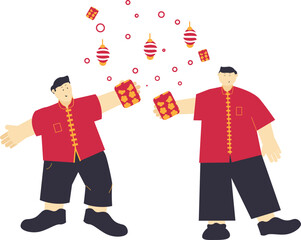 two men have big bodies wearing Chinese New Year clothes celebrating Chinese New Year
