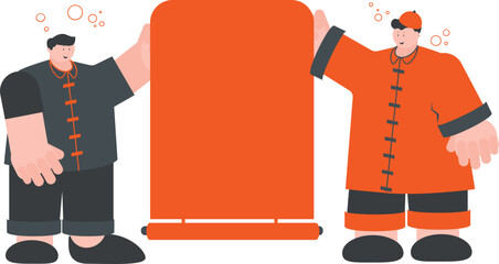 two big men celebrating Chinese New Year wearing black and orange clothes by showing a large piece of orange paper
