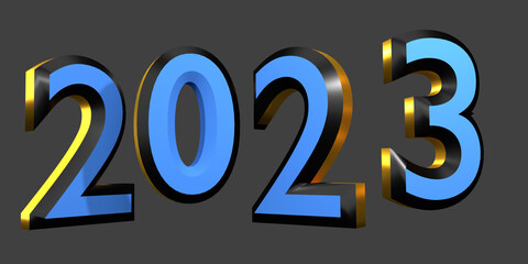 3d render gold text 2023 with blue collor on transparent background design for greeting new year 2023