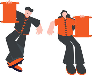 a couple wearing Chinese New Year clothes are celebrating Chinese New Year
