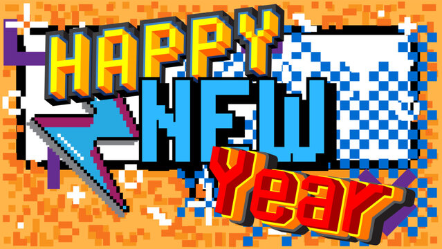 Happy New Year. Pixelated word with geometric graphic background. Vector cartoon illustration.