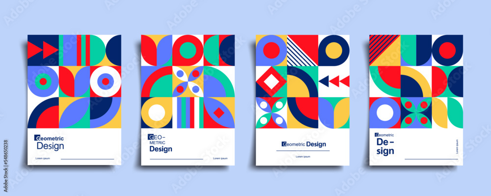 Poster abstract bauhaus geometric pattern poster set. vector circle, triangle and square lines art design. 