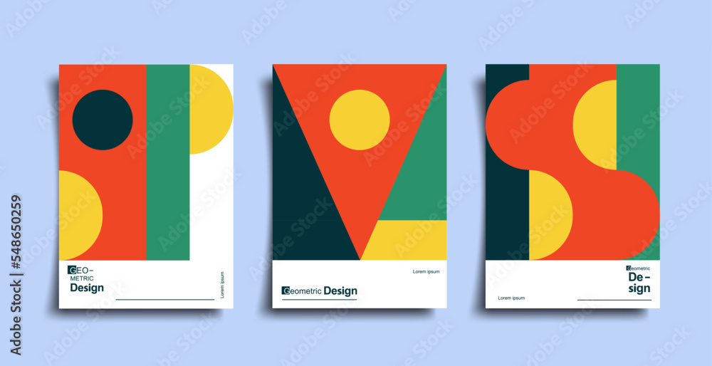 Poster abstract bauhaus geometric pattern poster set. vector circle, triangle and square lines art design. 