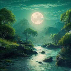 Mighty River with Rocks Beautiful Full Moon Lush vegetation on both Sides Passing through the Old Town Volumetric lighting Intricate details. Game Scene Serious Digital Painting CG Artwork Background
