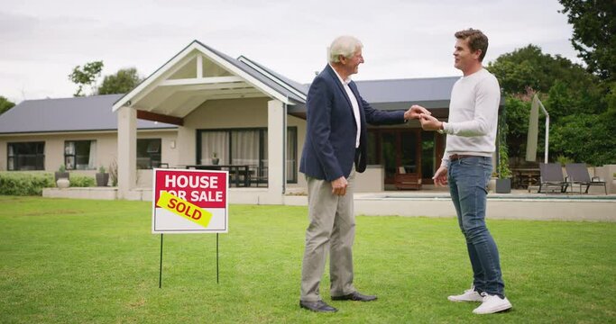 Men, mortgage and house, real estate and handshake with realtor for new property, homeowner and success on lawn. People shaking hands, buy and sold sign with successful sale on new house.