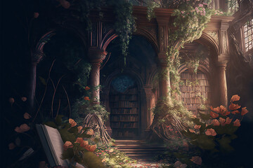 Obraz premium overgrown fantasy library, concept art, digital illustration 