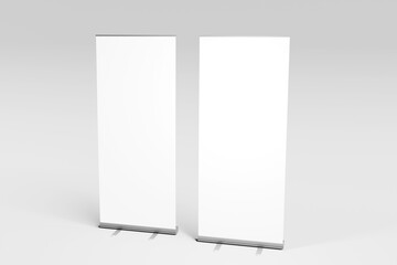 Blank white rollup banner for display mockup, isolated. 3d rendering.